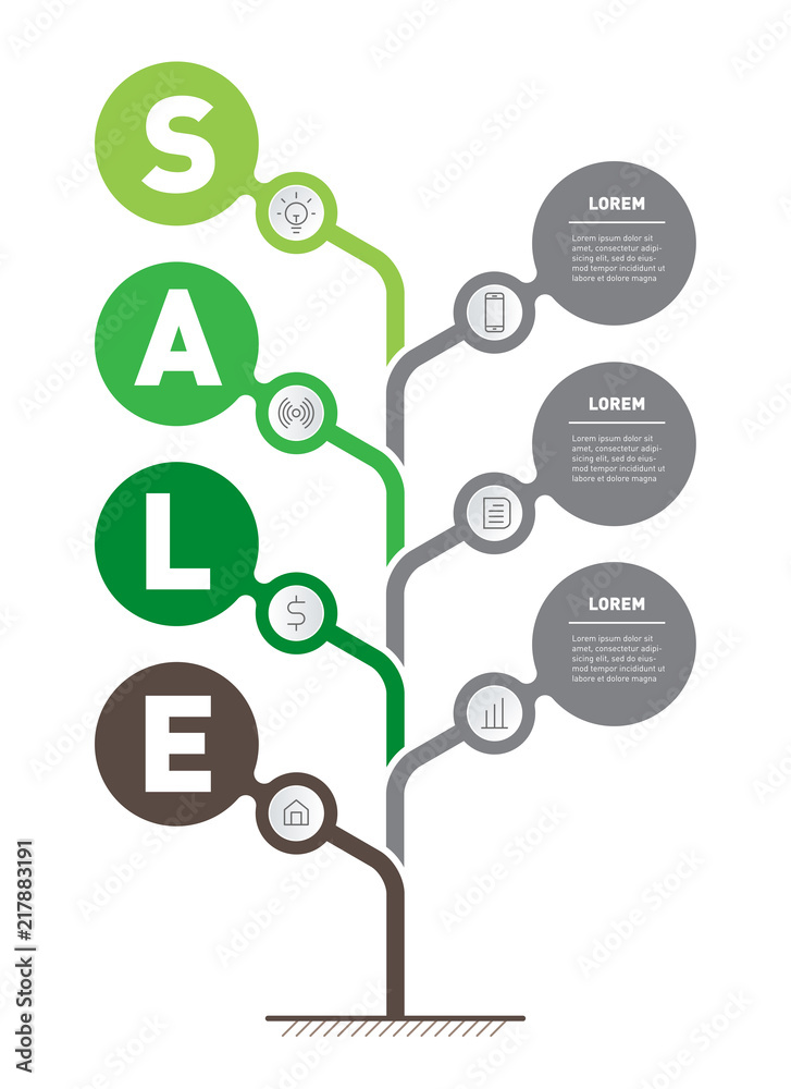 Obraz premium Vertical infographic, timeline or presentation. Horticultural or garden sale. Information index design template. Green tree.