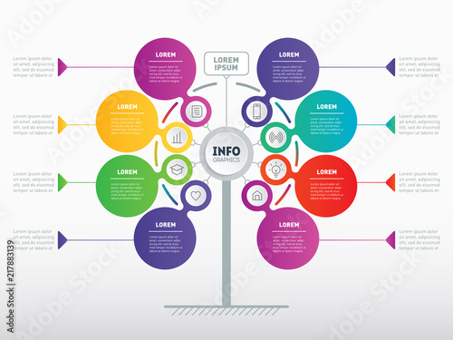 Business presentation concept with 8 options. Web Template of service tree, info chart or diagram. Vector infographic of technology or education process with 8 steps. Website.