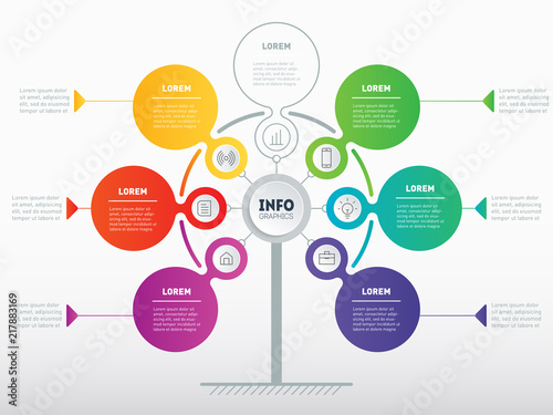 Business presentation or infographics concept with 6 or 7 options. Web Template of service tree, info chart or diagram. Vector info graphic of technology or education process with 6 or 7 steps.