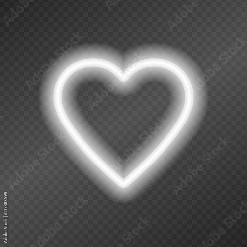 Neon tubes in the shape of a heart isolated on a dark transparency grid.