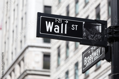 Wall St. street sign in lower Manhattan, New York City, USA.