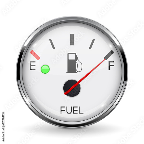 Fuel gauge. Full tank. Round car dashboard 3d device with chrome frame