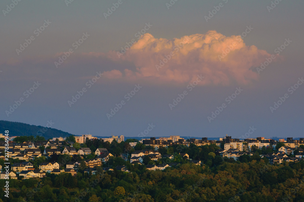 Koblenz - Germany, July 27, 2018: Evening view of the city of Koblenz, Germany, the day of the moon eclipse
