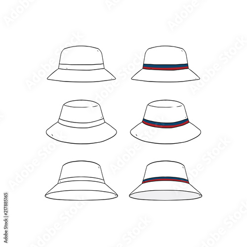 Set of blank striped bucket hat design template hand drawn vector illustration.