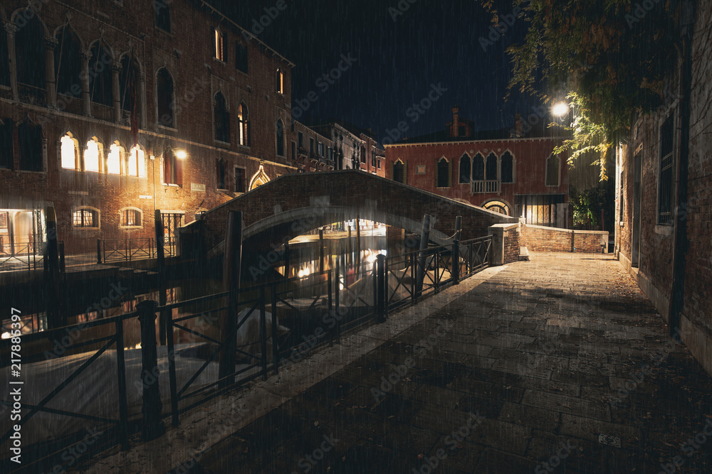 empty street along water channel in Venice by rainy night