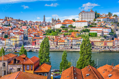 Porto, Portugal old town skyline from across the Douro River..Porto, Portugal old town skyline