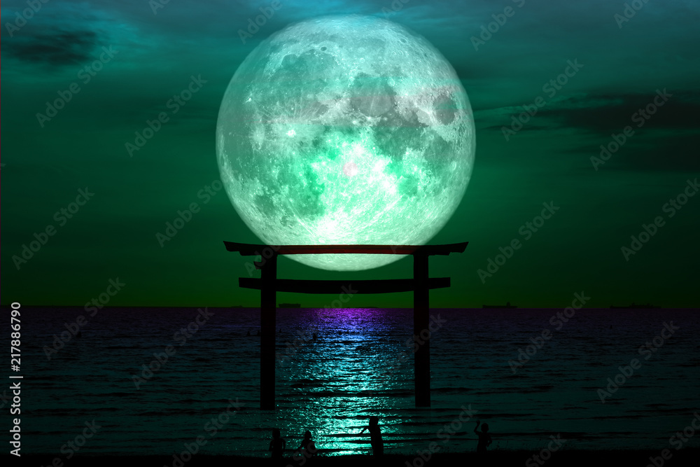 Naklejka premium full sturgeon moon silhouette torii wooden Japanese pillar stand on sea night sky