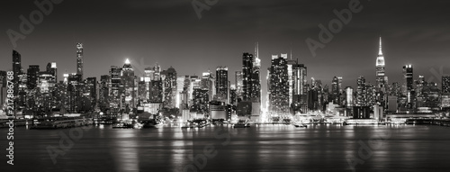 Panoramic Black & White view of Midtown West skyscrapers with the Hudson River. Manhattan, New York City
