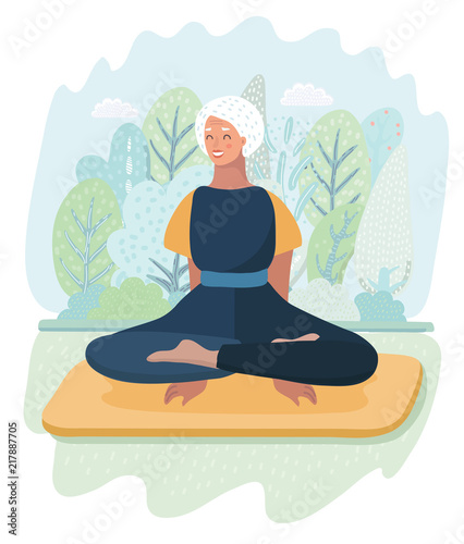 elderly girl standing in Tolasana exercise and practicing yoga in park. photo