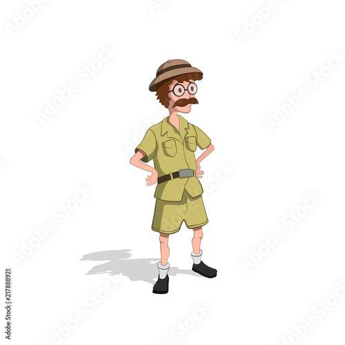 Professor in cartoon style. Image of hunter in isometric view. Drawing of jungle researcher. Vector illustration 