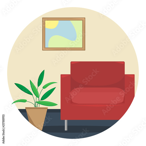 Flat vector illustration of the living room with an armchair and a flower in a cachepot.