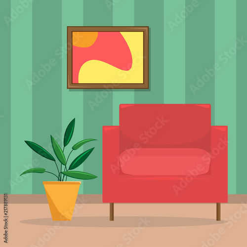 Flat vector illustration of the living room with an armchair and a flower in a cachepot.