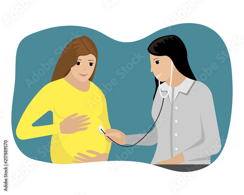 Vector illustration of the pregnant woman and gynecologist.