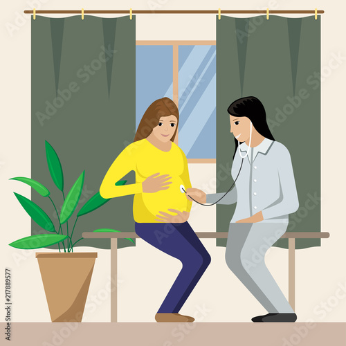 Vector illustration of the pregnant woman and gynecologist.