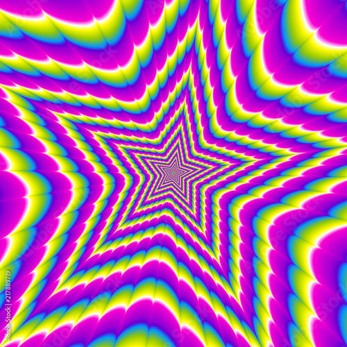 Five pointed star from rainbow spirals. Motion illusion.