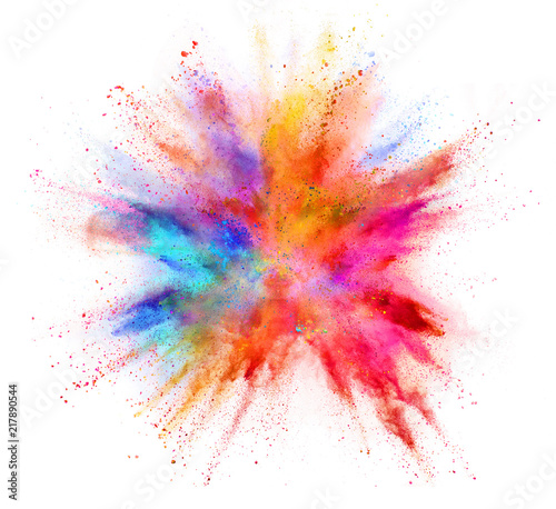 Fototapet Explosion of coloured powder isolated on white background