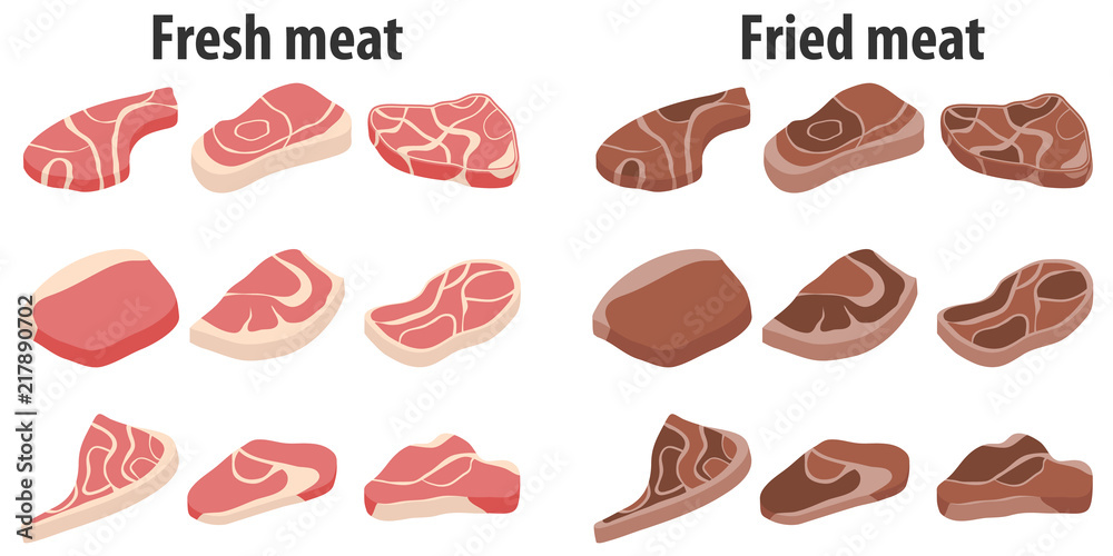 Fresh meat and fried meat. Steak, fried steak.