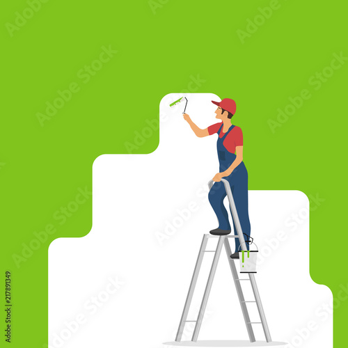 The man is painting the wall. A man stands on a stepladder with a roller in his hand and paints the wall. Flat design, vector illustration, vector.