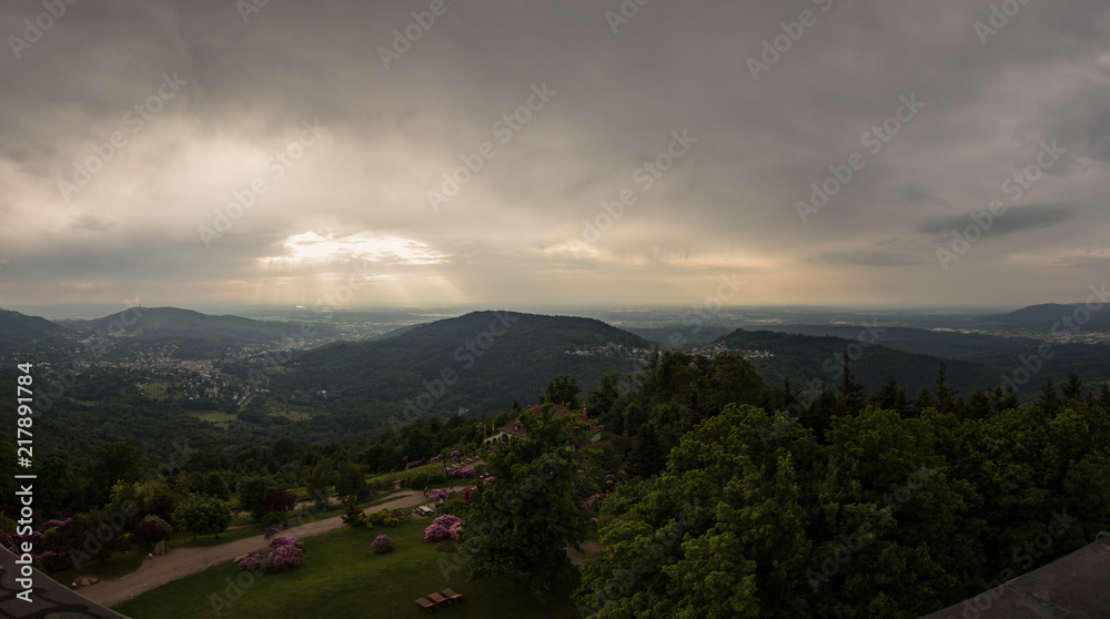 Panoramic view from Mount Merkur at dusk. Baden-Baden, Germany.