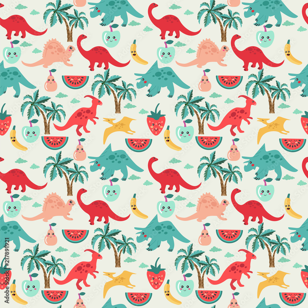Cute background with dinosaurs and fruits Cute background with dinosaurs and fruits