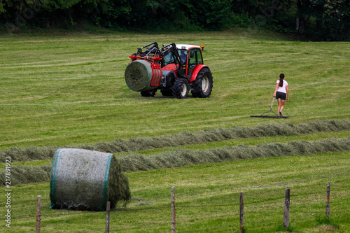 Traktor auf dem Feld bei der Heuernte