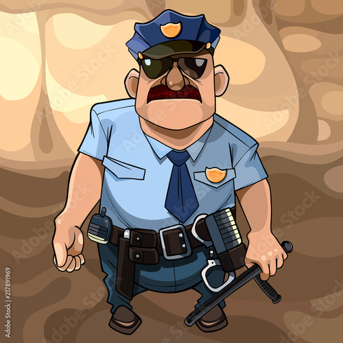 cartoon mustachioed man in a police uniform with sunglasses with the truncheon