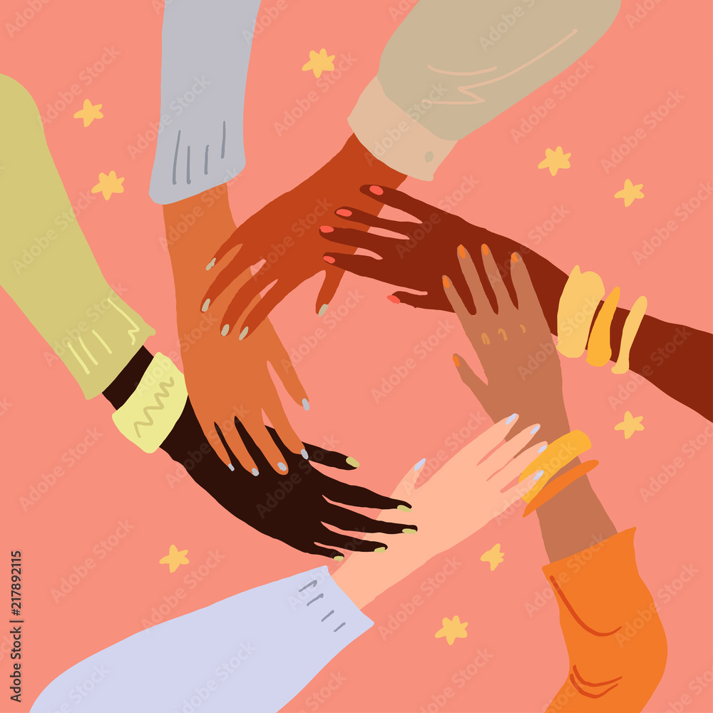 Illustration of a people's hands with different skin color together holding each other. Race equality, feminism, tolerance art in minimal style.