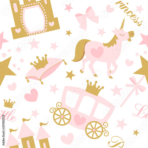 Cute girlish seamless pattern with royal carriage,castle and unicorn. Vector pink background with crown and star.Little princess party (birth, baby shower invite card) Nursery wallpaper and textile