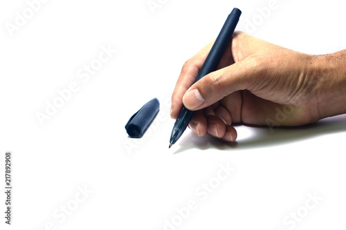 hand of a man holding a pen with writing action on white background isolated
