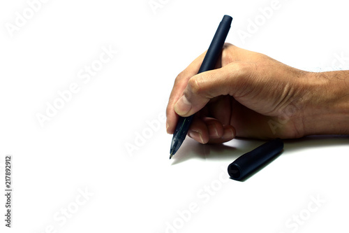 hand of a man holding a pen with writing action on white background isolated