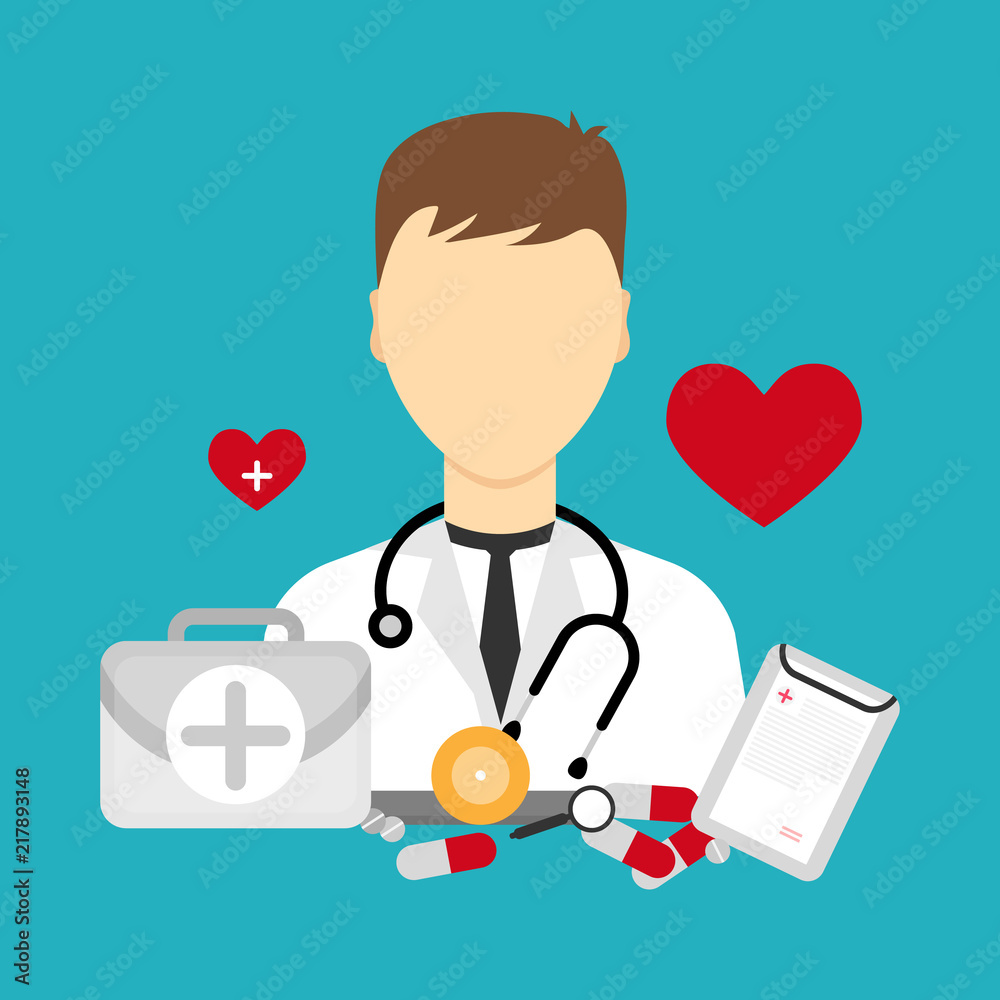 Doctor(male) with stethoscope, medical kit first aid emergency case, pills and medical card. Vector illustration in flat style.