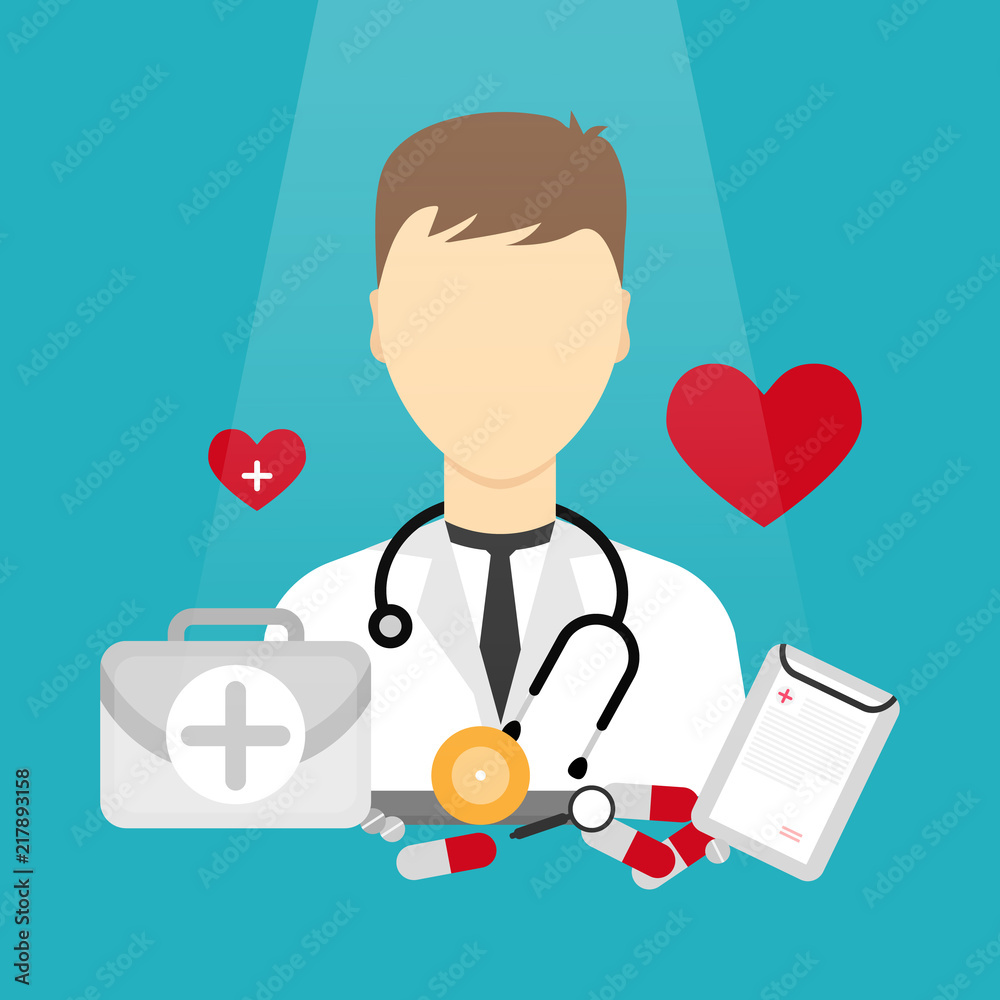 Doctor(male) with stethoscope, medical kit first aid emergency case, pills and medical card. Vector illustration in flat style.