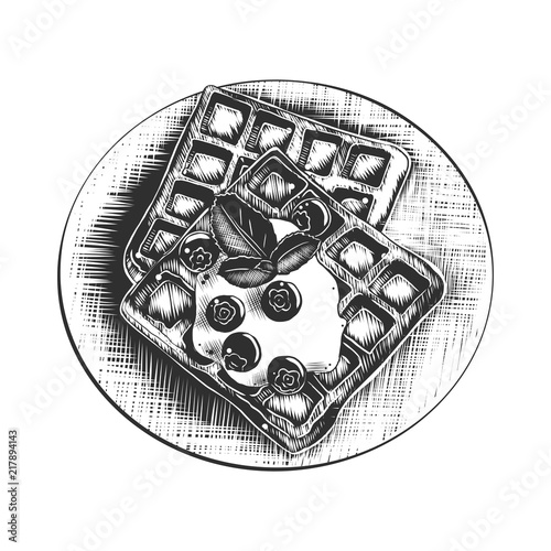 Vector engraved style illustration for posters, decoration and print. Hand drawn sketch of belgian waffles in monochrome isolated on white background. Detailed vintage woodcut style drawing.