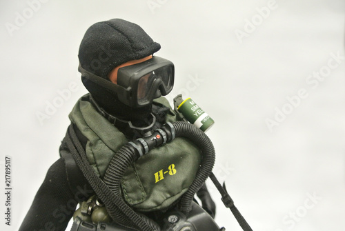 KUALA LUMPUR, MALAYSIA -MAY 3, 2018: Selected focused of ampfibian commando army action figure complete with uniform, battle gear and weapon. Collector item action figure with very high detail. 