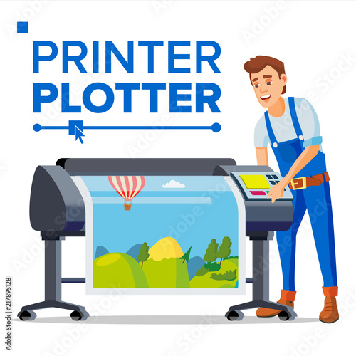 Worker With Plotter Vector. Man. Large Format Multifunction Printer. Polygraphy Service. Isolated Flat Cartoon Illustration