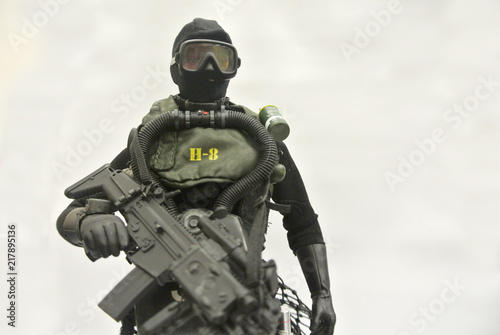 KUALA LUMPUR, MALAYSIA -MAY 3, 2018: Selected focused of ampfibian commando army action figure complete with uniform, battle gear and weapon. Collector item action figure with very high detail. 