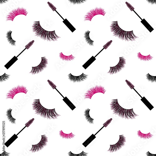 Lashes and mascara with glitter seamless vector pattern