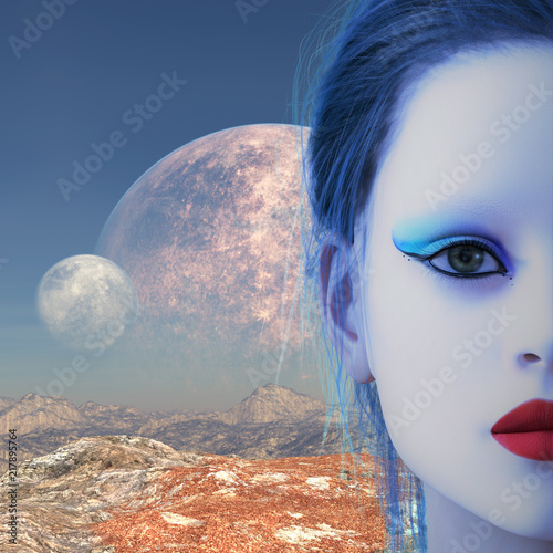 Illustration of an exotic woman with an alien planet in the background.
