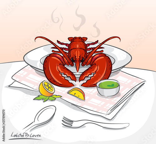 doodle lobster on the table front view,vector