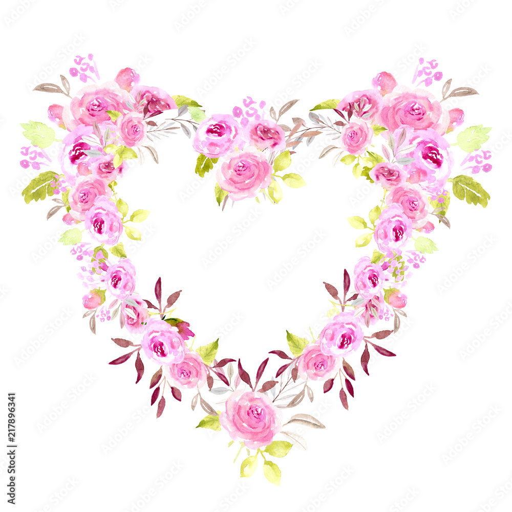 Heart pink floral frame watercolor