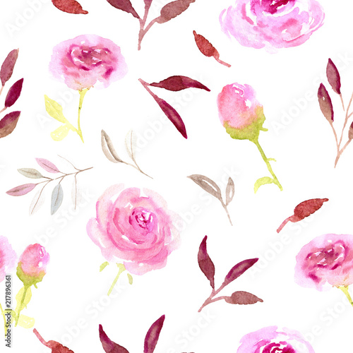 Watercolor pink floral seamless pattern on white background