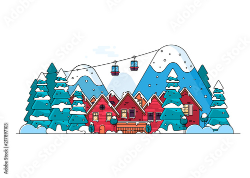 Cartoon snow home and rural cottages set.