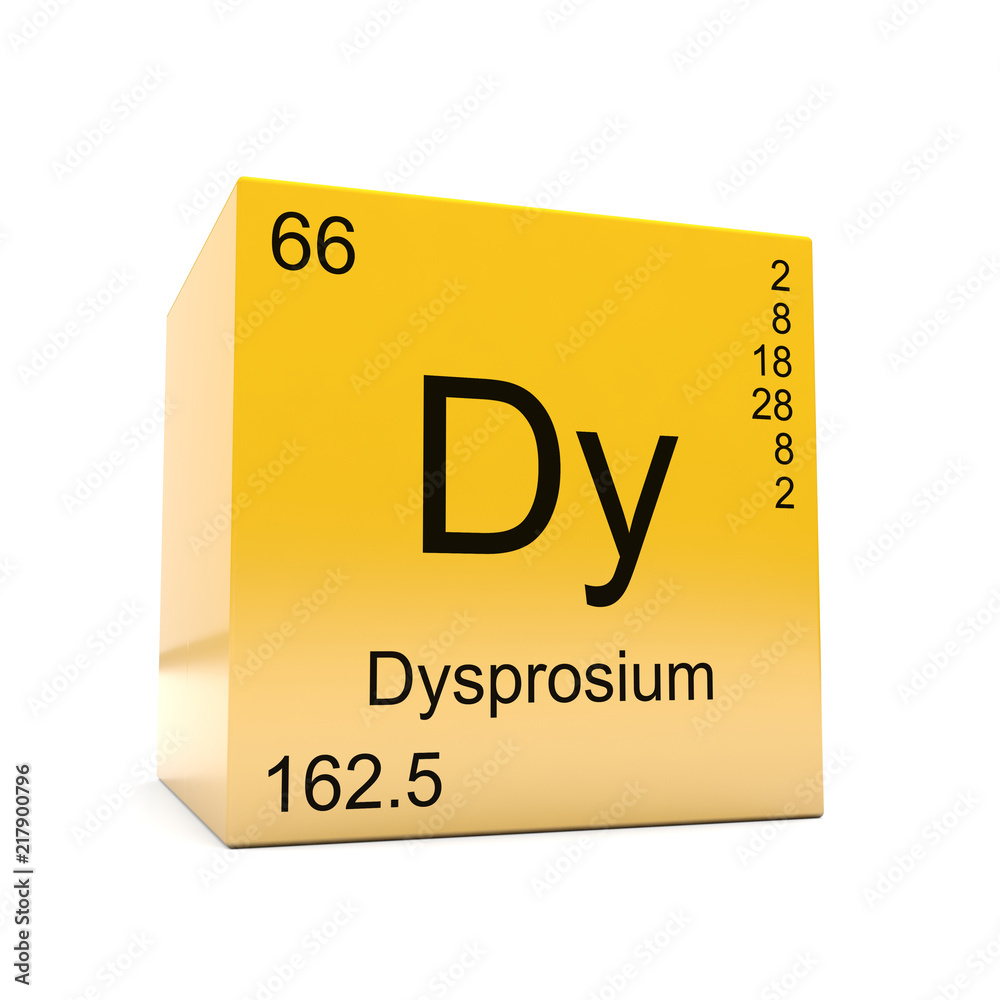 Dysprosium chemical element symbol from the periodic table displayed on glossy yellow cube Dysprosium chemical element symbol from the periodic table displayed on glossy yellow cube