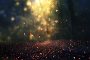 blurred abstract photo of light burst among trees and glitter golden bokeh lights.