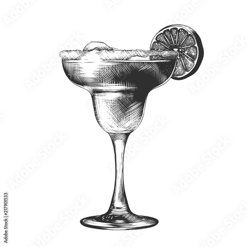 Vector engraved style illustration for posters, decoration and print. Hand drawn sketch of summer cocktail, monochrome isolated on white background. Detailed vintage woodcut style