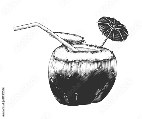 Vector engraved style illustration for posters, decoration and print. Hand drawn sketch of summer coconut cocktail, monochrome isolated on white background. Detailed vintage woodcut style