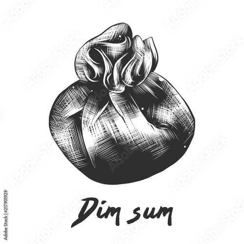 Vector engraved style illustration for posters, decoration and print. Hand drawn sketch of dim sum in monochrome isolated on white background. Detailed vintage woodcut style drawing.