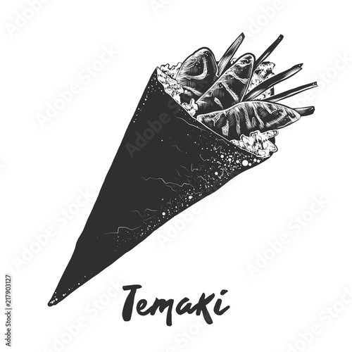 Vector engraved style illustration for posters, decoration and print. Hand drawn sketch of temaki roll in monochrome isolated on white background. Detailed vintage woodcut style drawing.