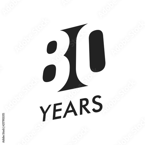 Eighty years vector emblem template. Anniversary symbol, negative space design. Jubilee black color icon. Happy 80th birthday, abstract illustration.