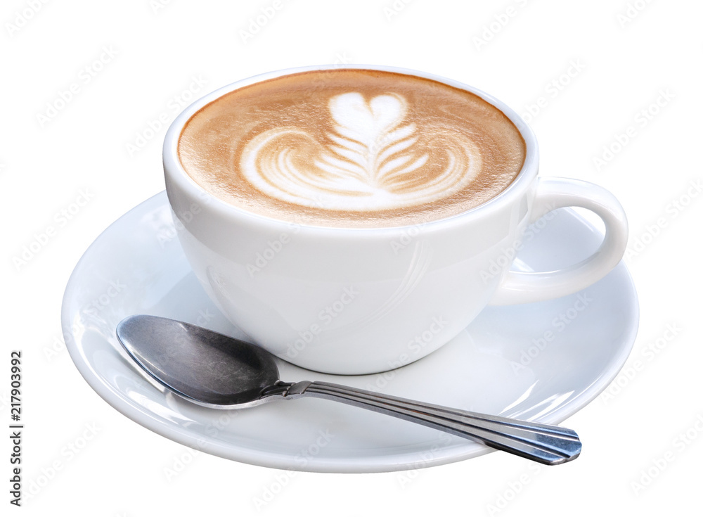 Hot coffee cappuccino latte art with spoon isolated on white background, clipping path included Hot coffee cappuccino latte art with spoon isolated on white background, clipping path included
